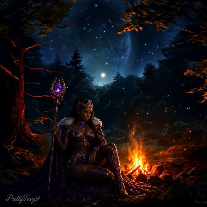 A fantasy digital artwork of a woman in purple armor holding a glowing staff beside a campfire, signed 'PrettyFavy7'.