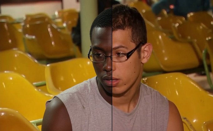 A split-screen image shows a young Black man wearing glasses on the left and a young white man wearing glasses on the right, both seated in yellow stadium-style chairs. The juxtaposition of the two different young men in similar poses relates to the post's theme of "Welcome to the blockchain," symbolizing unity or inclusion across different backgrounds in the crypto space associated with @Cobratate.