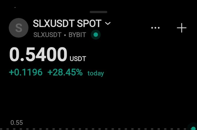 A screenshot from Bybit showing the SLXUSDT spot trading pair at 0.5400 USDT, up +0.1196 (+28.45%) for the day, highlighting a strong price surge that aligns with the post's claim of a 4x gain and momentum building for the SLX token.