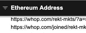 The image shows an "Ethereum Address" field containing two Whop links: "https://whop.com/rekt-mkts/?a=..." and "https://whop.com/joined/rekt-mk..." which appear to be affiliate/shill links that were incorrectly submitted in the Rekt Markets Pro submission form, as referenced in the post.