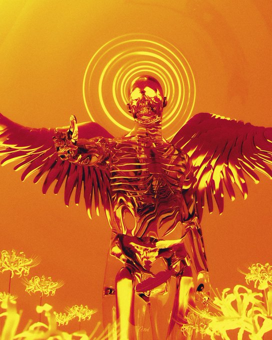 A digital artwork of a skeletal, metallic figure with outstretched wings and a halo, bathed in an orange and yellow glow.