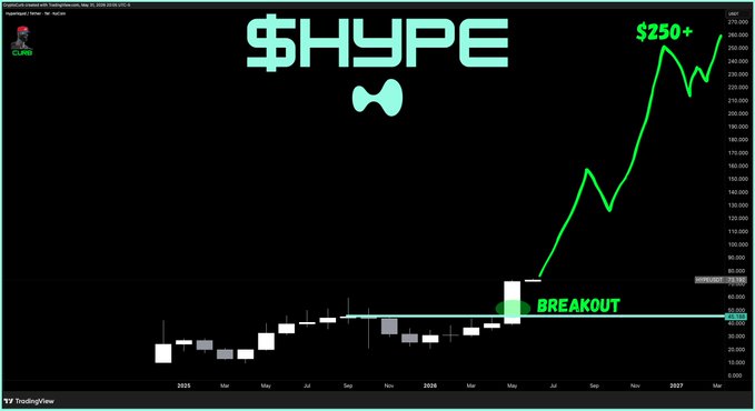 The image features a chart titled "$HYPE HYPE with the massive breakout on the daily $100+ coming real fucking soon. #hydropent". The chart is in black and white colors, showing fluctuations or trends of cryptocurrency prices over time. It displays a significant increase in value, indicating a substantial upward trend, which is often associated with the term "breakeout" meaning that the price has reached its peak point before starting to decline again, potentially leading to a large gain for investors who bought at the right moment and held onto their positions during the descent.