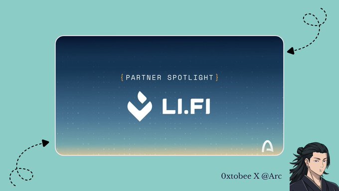 A teal and navy graphic titled "PARTNER SPOTLIGHT" featuring the LI.FI logo, with a small illustrated character in the bottom right corner and text reading "0xtobee X @Arc".