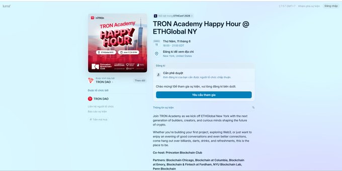 The image shows a screenshot of a website called "TRON Academy Happy Hour" with a red border featuring white text. The website's main focus appears to be on Ethereum Global, as evidenced by its presence in the title of the post. In the top right corner, there is an Instagram logo for the "@TRON Academy", possibly indicating that they have a social media presence related to their content or development efforts in the Ethereum ecosystem.