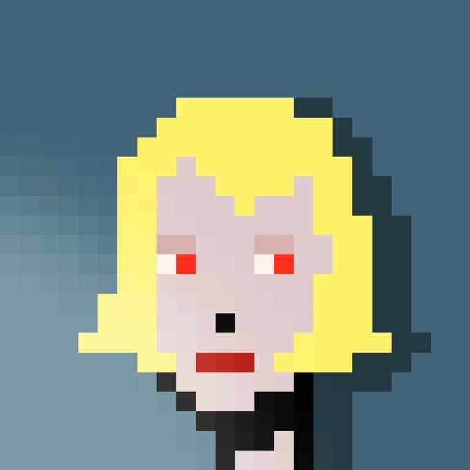 A pixel art portrait of a blonde-haired character with red eyes against a blue gradient background.