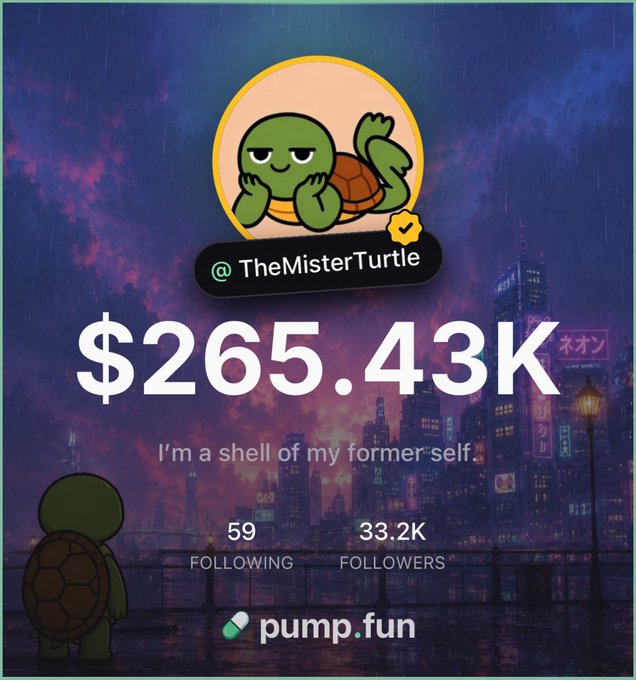 The image shows a profile for "@TheMisterTurtle" featuring a cartoon turtle mascot, displaying "$265.43K" prominently against a rainy cyberpunk cityscape background, with stats showing "59 Following" and "33.2K Followers" alongside the "pump.fun" logo. The tagline reads "I'm a shell of my former self," playfully reinforcing the turtle branding while showcasing the trader's PumpFun profile to support his endorsement of the platform's trading services.