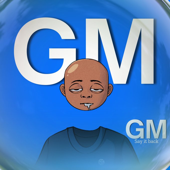 A cartoon character with a bleary, drooling expression is shown against a blue background with large "GM" letters and the text "GM - Say it back" in the corner, matching the post's groggy "gm" (good morning) greeting vibe, likely poking fun at Base chain's "based" culture.