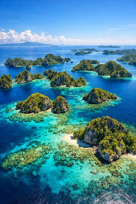 An aerial view of a tropical archipelago with turquoise waters and lush green islands, fitting the announcement of a $65 million investment in acquiring islands for staking purposes. The pristine waters and numerous small islands visually reinforce the concept of island ownership and the potential for a unique staking opportunity.
