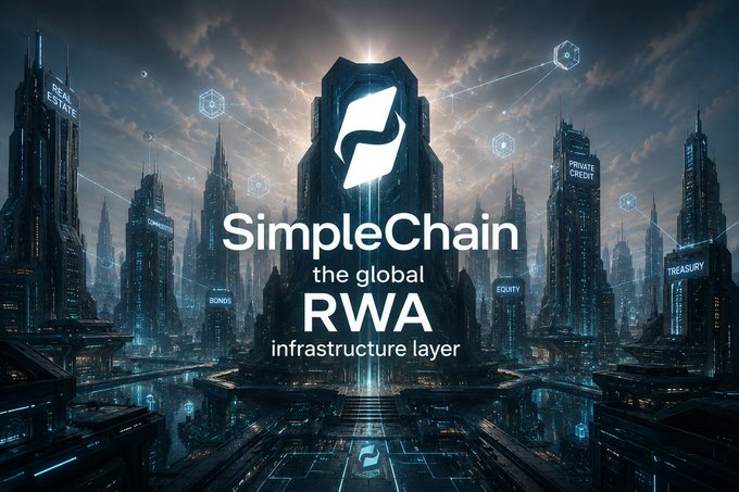 The image features a futuristic, cyberpunk-style cityscape with towering skyscrapers labeled "REAL ESTATE," "BONDS," "PRIVATE CREDIT," "EQUITY," and "TREASURY," overlaid with the "SimpleChain" logo and tagline "the global RWA infrastructure layer," visually reinforcing the post's message about SimpleChain's role as a cross-chain, high-performance infrastructure for tokenized real-world assets.
