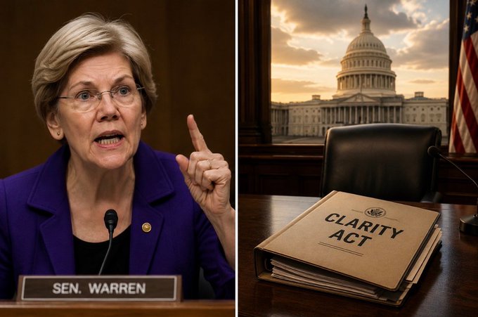 Senator Elizabeth Warren is shown speaking on the left, while a binder labeled "CLARITY ACT" rests on a desk with the Capitol building in the background on the right. This juxtaposition highlights the post's call for clarity in legislation.