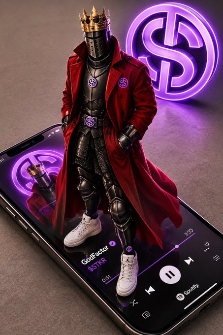 A digital artwork of a knight in dark armor with a red coat, standing on a smartphone displaying a Spotify interface playing 'GodFactor - $STKR', with a glowing purple dollar sign logo in the background.