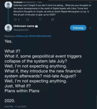 A Twitter thread discussing Ripple/Monstragram's co-op with 2020's digital assets series, asking 'What if' questions about geopolitical events and new financial systems by user @Unteleportedbt.