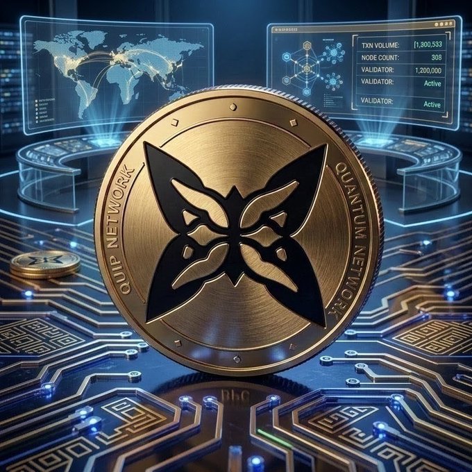 A digital illustration featuring a gold coin with a stylized butterfly emblem inscribed with 'QUIP NETWORK' and 'QUANTUM NETWORK', set against a high-tech background of glowing blue circuits and holographic screens displaying network statistics like 'TXN VOLUME' and 'NODE COUNT'.