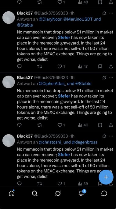 The image shows a series of three nearly identical tweets from user "Black37" (@Black37569333), each posted within the last hour, containing copy-pasted spam replies targeting users like @DiaryNoori, @CipherAtlas_, and @christoshi_ with the warning "$Stefer has now taken its place in the memecoin graveyard" following a $50 million token sell-off on MEXC exchange. The repetitive post defends $FEFER against what appears to be FUD (Fear, Uncertainty, and Doubt), directly pushing back against the bearish claims about the token.
