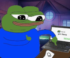 A Pepe the Frog meme character sitting at a desk typing on a computer that displays 'gm friends' and a 'SEND' button on the screen.