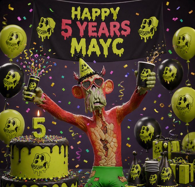 A festive birthday scene with a banner reading 'HAPPY 5 YEARS MAYC,' featuring a Bored Ape-style character in a party hat holding drinks, surrounded by skull-themed balloons, confetti, and a cake with a '5' candle.