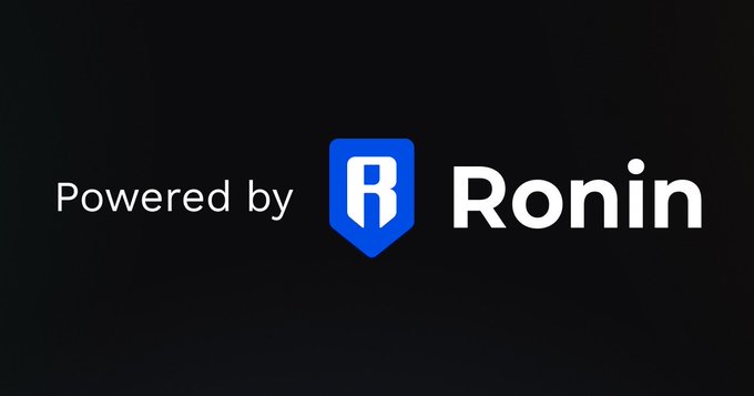 The image displays a "Powered by Ronin" logo on a black background, featuring a blue shield icon with a stylized white "R" next to the brand name. This ties directly to the post's reference to Ronin Network, suggesting the user is highlighting Ronin as the technology platform behind something they're asking about regarding wallet ownership.