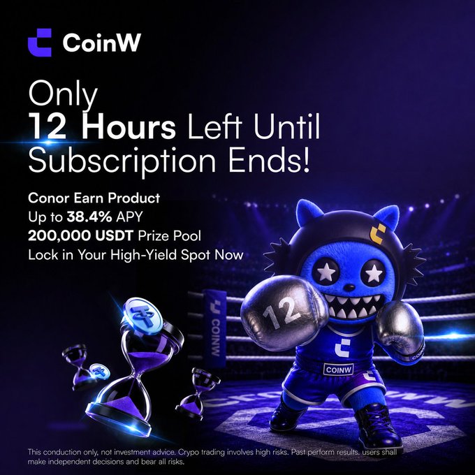 Only 12 hours remain to subscribe to CoinW's "Conor Earn Product" with up to 38.4% APY and a 200,000 USDT prize pool. The image features a boxing-themed promotion with a countdown timer represented by hourglasses.