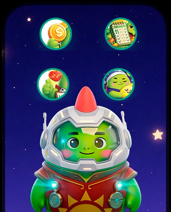 The image features a cartoon character wearing a green suit with a red helmet, standing against a backdrop of stars. The character appears to be smiling, giving off a friendly vibe. The text in the image reads "Most wellness apps stop at tracking. @sleepagotchi connects wearables, health data, AI, and user activity into one ecosystem. The goal is not just more data. It'S making that data useful."