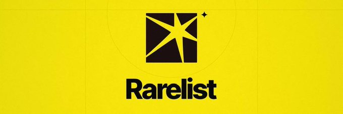 Rarelist logo on a bright yellow background, featuring a black square emblem with a yellow starburst and the word “Rarelist.”