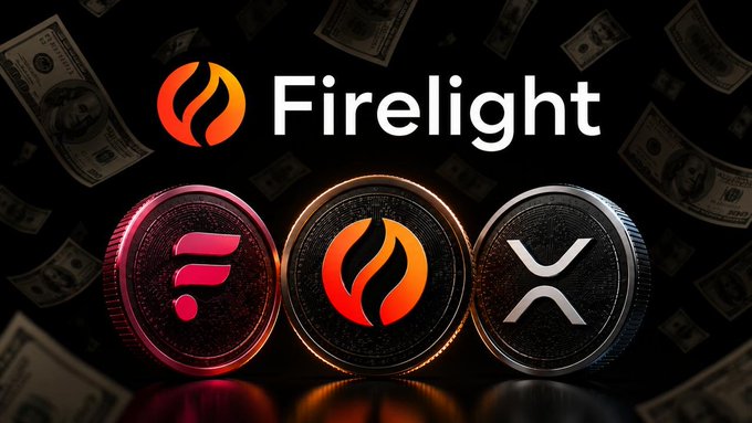 A promotional graphic featuring the "Firelight" logo alongside three metallic coins displaying the Firelight emblem and the XRP and FLR (Flare) tickers, set against a backdrop of floating US dollar bills. The image visually reinforces the article's theme of Firelight as a major catalyst for XRPFi on the Flare network, highlighting its connection to XRP and FLR holders.
