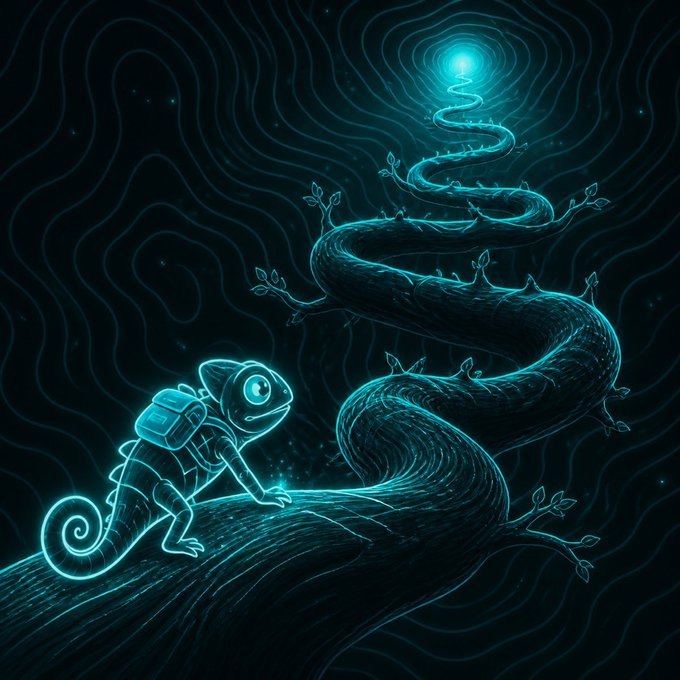 A glowing cyan digital illustration of a chameleon with a backpack standing on a winding vine path that leads toward a bright light in the distance.