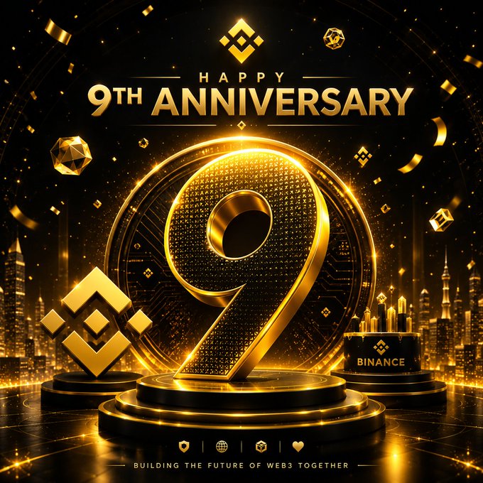 A promotional graphic for Binance's 9th anniversary featuring a large golden '9' emblem, the Binance logo, text 'HAPPY 9TH ANNIVERSARY' and 'BUILDING THE FUTURE OF WEB3 TOGETHER', set against a black background with golden cityscape silhouettes and confetti.