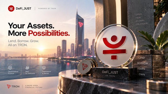 A DeFi_JUST promotional banner (POWERED BY TRON) with the tagline 'Your Assets. More Possibilities. Lend. Borrow. Grow. All on TRON,' showing a coin with a red logo against a city skyline at sunset, with features LEND, BORROW, EARN, OWN listed.