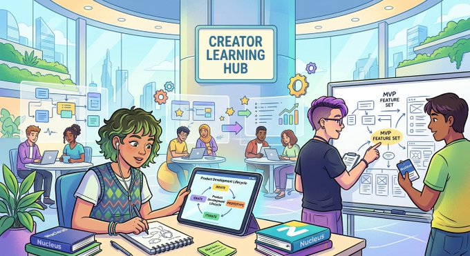 An illustration titled 'CREATOR LEARNING HUB' showing people collaborating around tables, with elements like 'MVP Feature Set' on a whiteboard and 'Nucleus' labeled books and a logo.