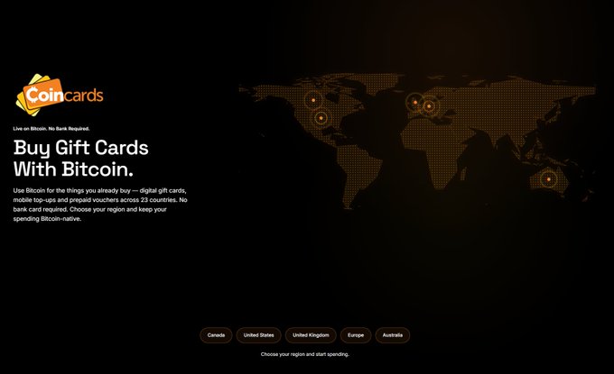 A promotional webpage for CoinCards with the headline "Buy Gift Cards With Bitcoin," featuring a world map graphic and regional buttons for Canada, United States, United Kingdom, Europe, and Australia.
