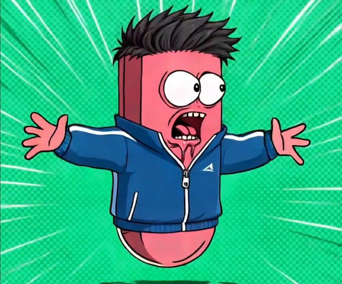 A cartoon character with a pink cylindrical head, spiky black hair, and a blue track jacket is depicted mid-air with arms outstretched and a shocked expression against a vibrant green radial background, visually amplifying the excitement of the giveaway announcement offering 30 guaranteed mint spots for @StonkFrankiez.