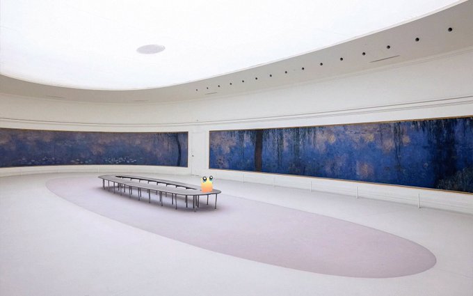 The image shows a museum gallery space featuring Monet's iconic "Water Lilies" (Les Nymphéas) paintings displayed along a curved white wall, with a long bench in the center. The post humorously suggests buying a digital reproduction of these dreamy blue-hued water lilies for your personal screen, capturing the ethereal beauty of Monet's immersive artwork as a private digital escape.