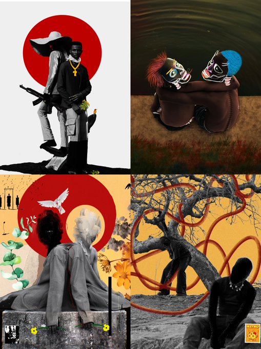 A four-panel digital art collage featuring stylized figures, masks, and red circular motifs with surreal and cultural imagery across different scenes.