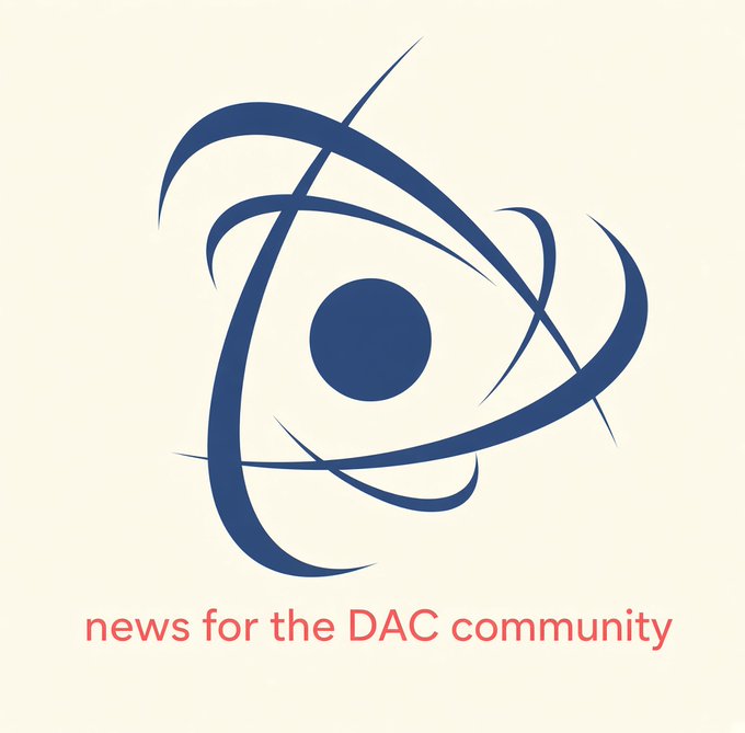 A logo for 'news for the DAC community' featuring a stylized blue circular atom-like design on a beige background.