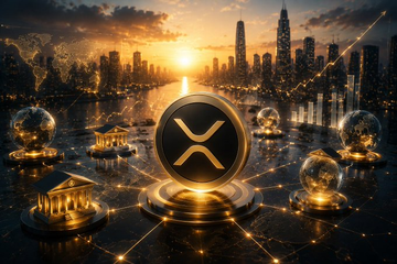 A stylized, dark cityscape at sunset featuring a large XRP coin emblem in the foreground surrounded by classical building icons connected by glowing network lines.