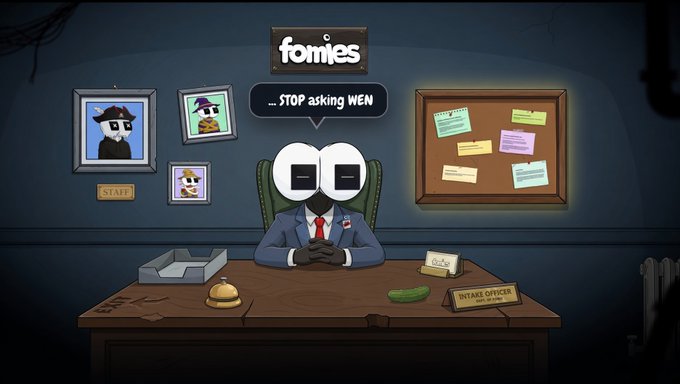 A cartoon illustration of a character with large eyes sitting at a desk in an office labeled 'fomies', with a speech bubble saying '...STOP asking WEN' and a sign reading 'INTAKE OFFICER' on the desk.