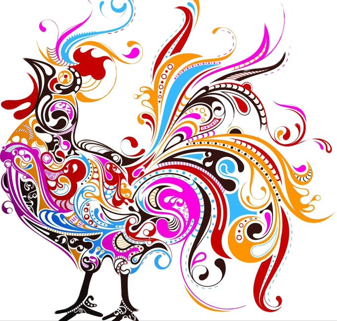 A stylized, intricately patterned rooster illustration in vibrant pink, blue, orange, red, and brown swirls represents the sold NFT artwork titled "Incredible Cocks 001," with 4 of 5 editions remaining.
