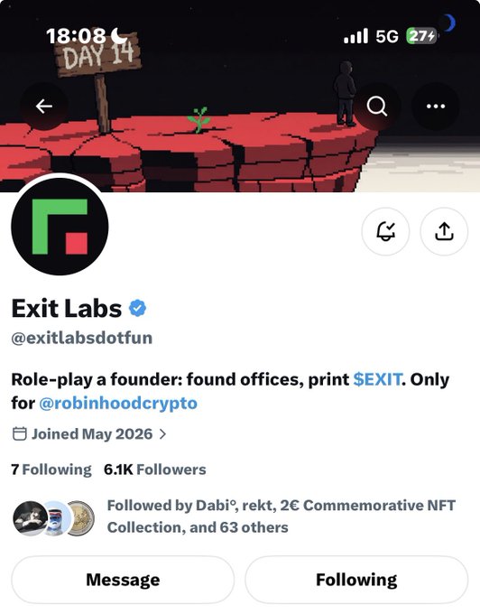A Twitter/X profile page for 'Exit Labs' (@exitlabsdotfun), verified, showing 7 Following, 6.1K Followers, joined May 2026.