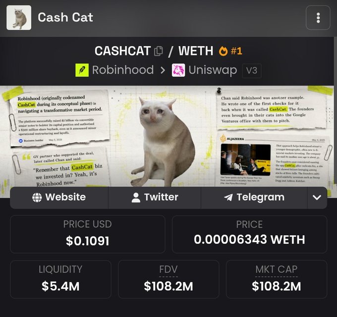 The image displays a Cash Cat (CASHCAT/WETH) token profile on a crypto tracking platform, showing a price of $0.1091, market cap of $108.2M, and $5.4M liquidity, with news clippings highlighting how CashCat was Robinhood's original codename. The page documents the memecoin's connection to Robinhood's history, supporting the post's narrative about how CashCat's story as Robinhood's former name has helped drive its rise to a $100M+ market cap.