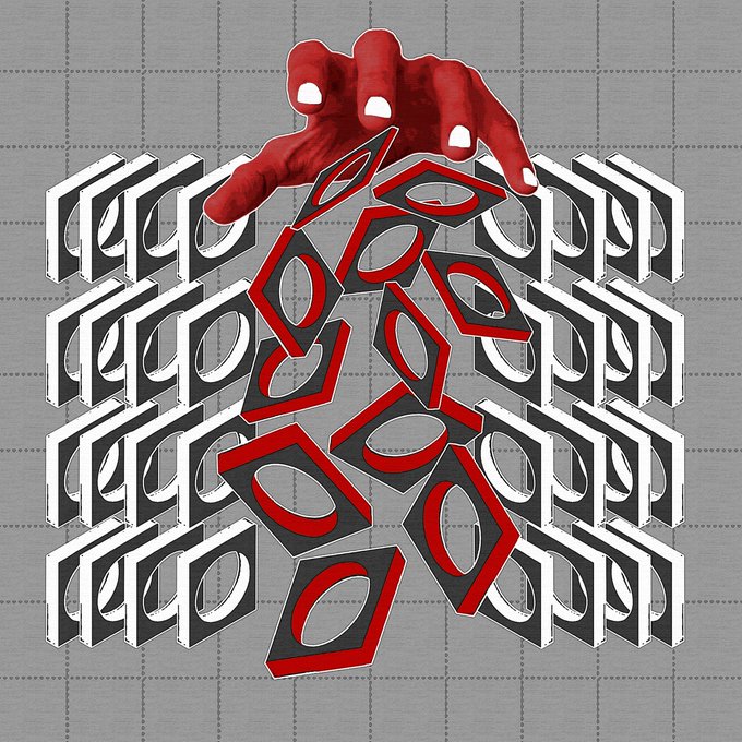 A digital artwork displays a red hand reaching down toward a chaotic arrangement of red and white geometric shapes resembling the letters 'a' and '0' on a gray grid background.