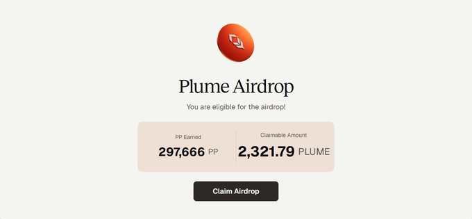 The image features a screenshot of an airplane flying over an orange pea. The airplane has "plume airdrop" written on its side. In the bottom right corner, there's a claim portal where users can make claims for rewards they've earned through the app. The text suggests that users who meet certain requirements and successfully register will receive their rewards.