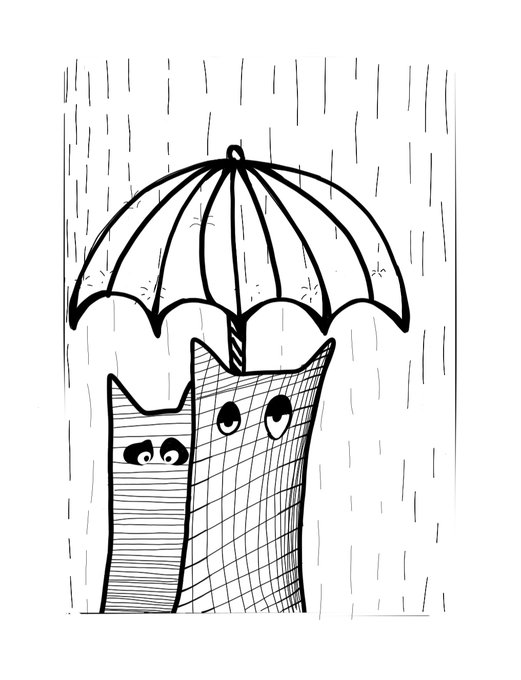 A black and white illustration of two stylized cat-like characters standing together under an umbrella in the rain.
