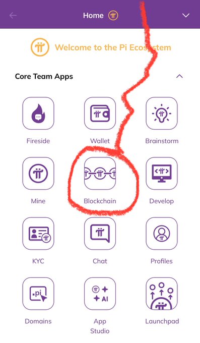 The image shows the Pi Network ecosystem homepage displaying Core Team Apps including Fireside, Wallet, Brainstorm, Mine, Blockchain (circled in red), Develop, KYC, Chat, Profiles, Domains, App Studio, and Launchpad. The red circle around the Blockchain app visually highlights it as the key feature being referenced in the post about Protocol V25 going live on Pi Mainnet.