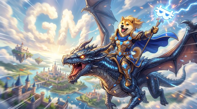 A Shiba Inu warrior in shining blue armor triumphantly rides a fierce dragon through a fantasy sky kingdom, wielding a glowing key-shaped staff. The image embodies the playful, adventurous spirit of the "GM" (Good Morning) post, symbolizing Nakamoto Games unlocking new worlds of play and excitement.