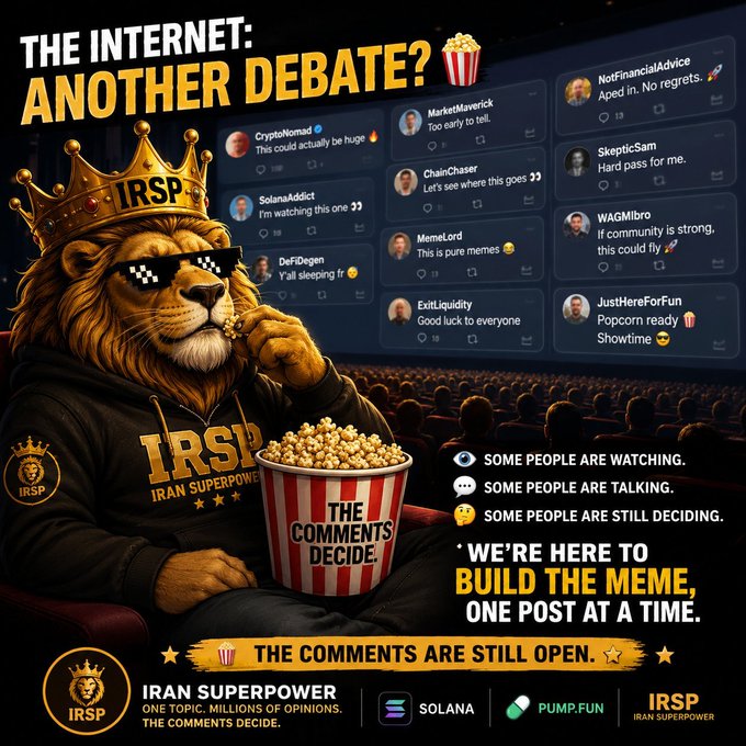 A promotional meme poster for 'IRSP - Iran Superpower' featuring a lion wearing a crown and sunglasses, with the text 'The Internet: Another Debate?' and 'The Comments Decide.'