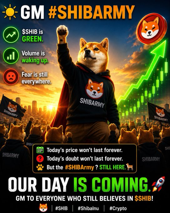 A promotional graphic for #SHIBARMY featuring a Shiba Inu dog in a "SHIBARMY" hoodie with raised fist, surrounded by bullish text like "$SHIB is GREEN," "Volume is waking up," and "OUR DAY IS COMING."