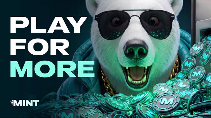 A promotional banner featuring a white bear character wearing sunglasses and a gold chain, surrounded by teal coins with 'M' logos, with the text 'PLAY FOR MORE' and the 'MINT' logo.