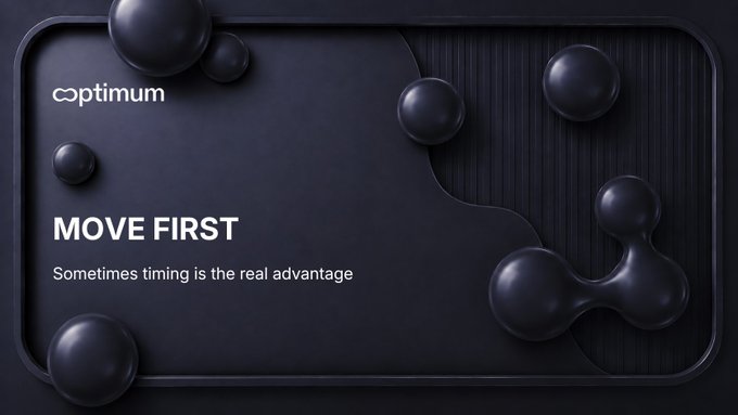 A sleek black banner from "optimum" displays the bold headline "MOVE FIRST" with the tagline "Sometimes timing is the real advantage," accompanied by abstract glossy spheres on the right side. The design visually reinforces the post's message about the importance of data movement across networks, emphasizing Optimum's focus on the often-overlooked layer between data creation and execution.