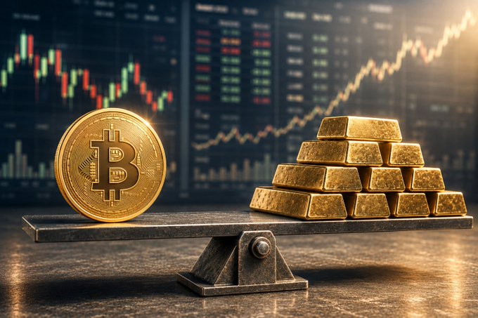 A gold Bitcoin coin balances on a seesaw against stacked gold bars, with trading charts and an upward trend line blurred in the background, illustrating Bitcoin's record-high 90-day correlation with gold as BTC's 22.4% weekly surge outpaced falling stocks in late August.
