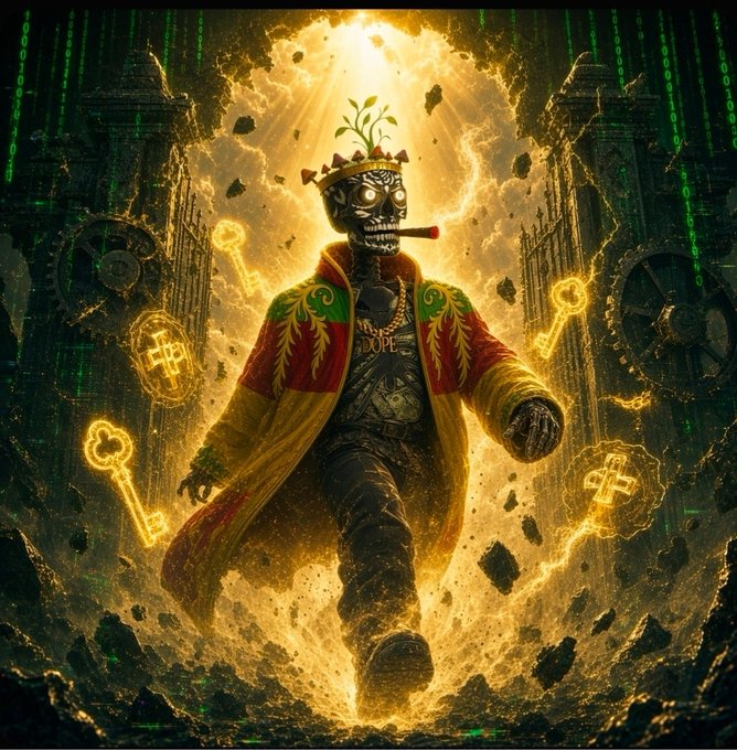 A digital fantasy artwork depicting a cyborg/skeletal figure wearing a crown with a plant sprout, a colorful robe with 'DOPE' text, and surrounded by glowing golden keys and machinery in a Matrix-style green code background.